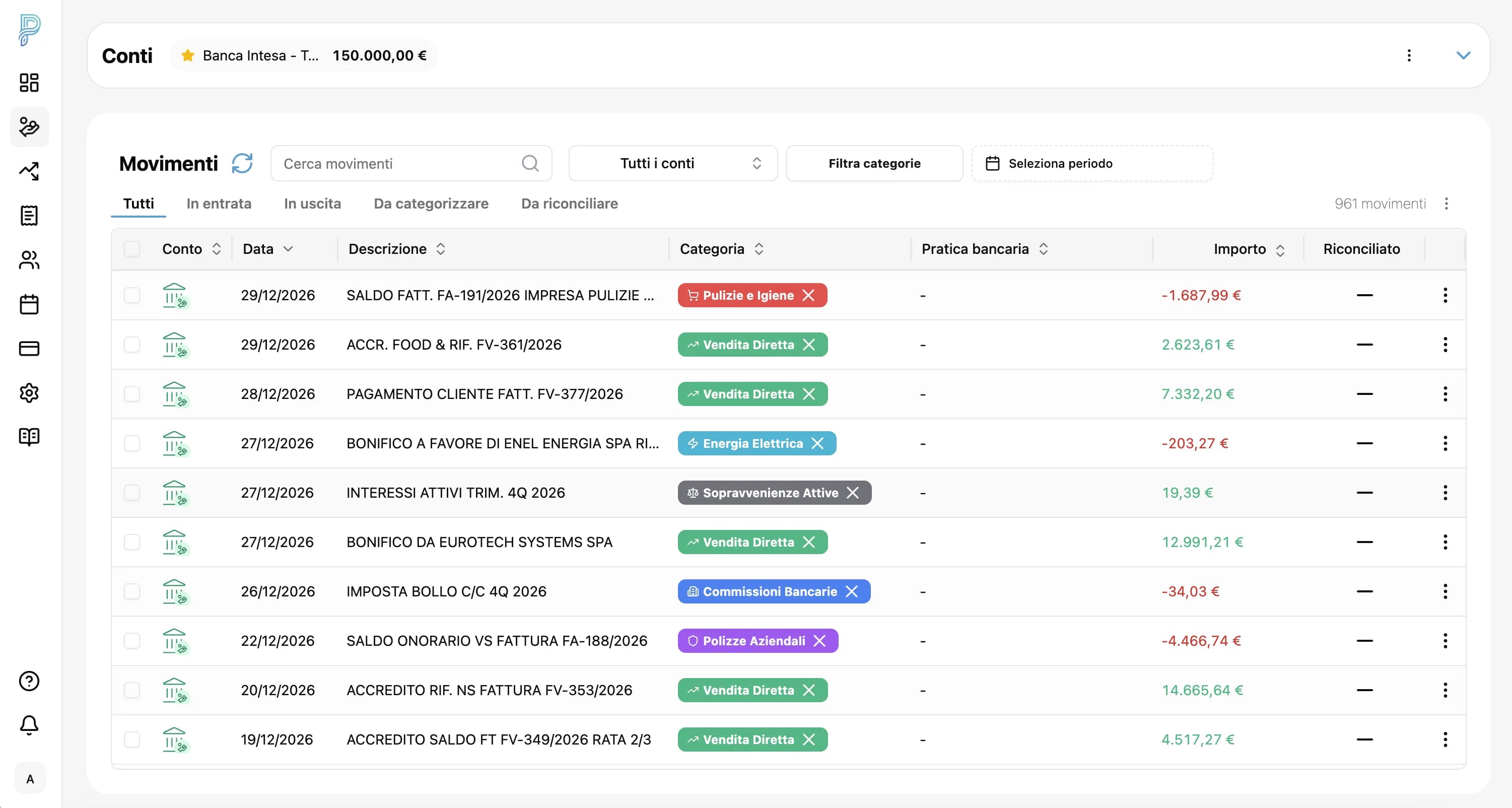 Schermata Previxio con vista unificata dei conti e dei movimenti