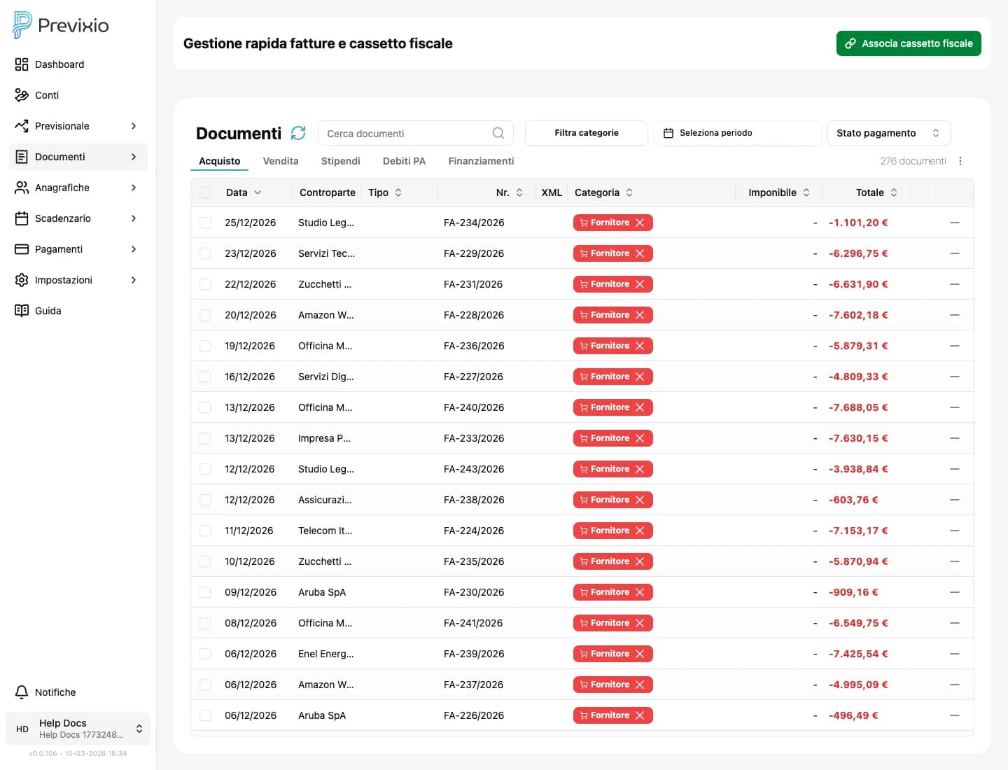 Schermata Previxio con elenco documenti e categorie