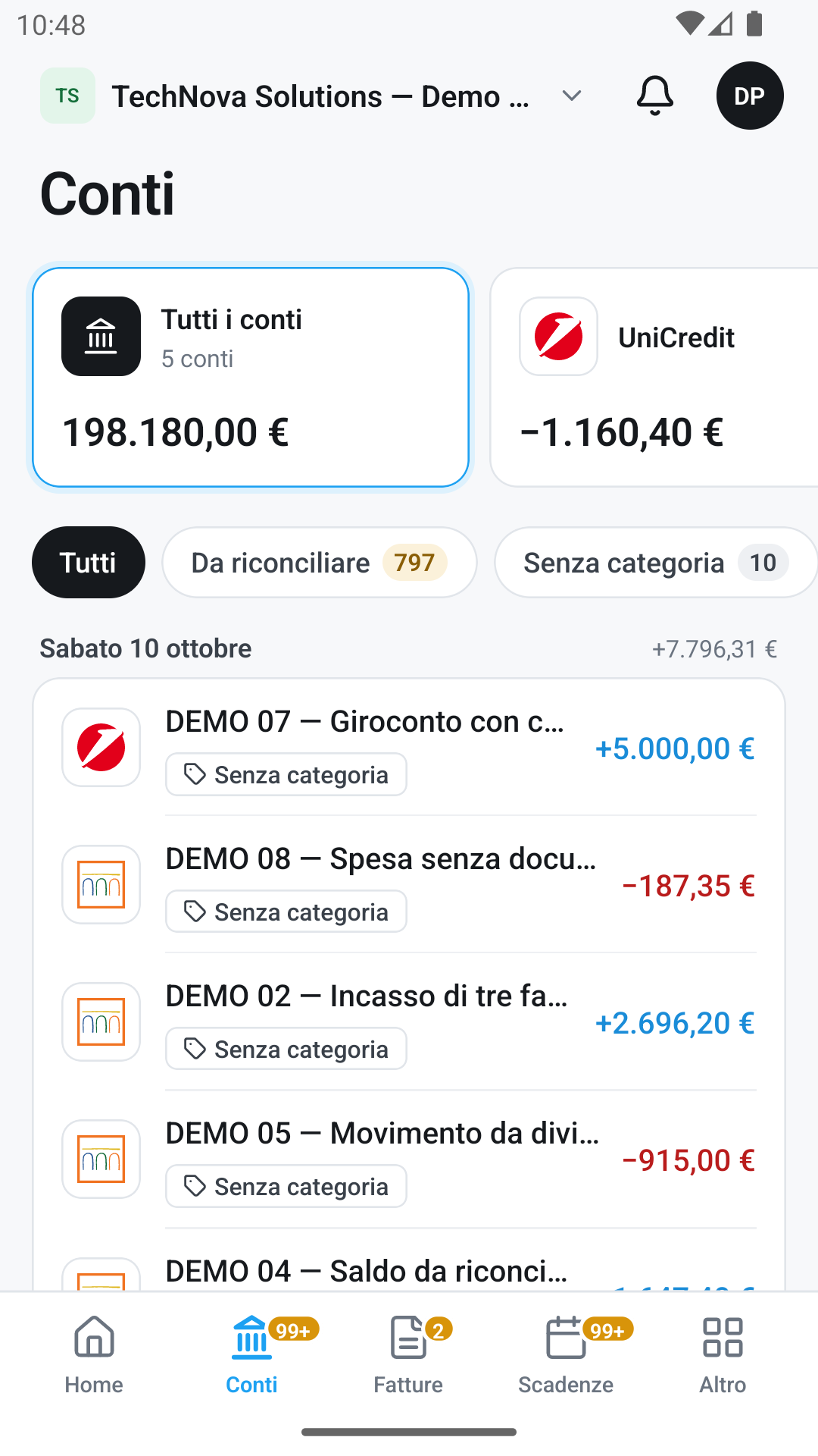 App Previxio per Android: saldi dei conti e movimenti da riconciliare con dati dimostrativi